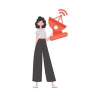 Internet of things and automation concept. A woman holds a satellite dish in her hands. Isolated on white background. Vector illustration in flat style.