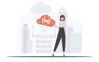 A woman is holding an internet thing icon in her hands. IOT and automation concept. Good for websites and presentations. Trendy flat style. Vector. vector