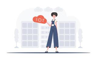 un mujer es participación un Internet cosa icono en su manos. iot concepto. bueno para sitios web y presentaciones vector ilustración en plano estilo.