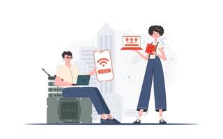 IoT concept. The girl and the guy are a team in the field of Internet of things. Good for presentations and websites. Vector illustration in trendy flat style.