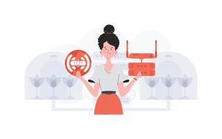 IoT concept. A woman is holding an internet thing icon in her hands. Router and server. Good for presentations and websites. Vector illustration in trendy flat style.