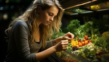 A woman choosing fresh organic vegetables for a healthy lifestyle generated by AI photo