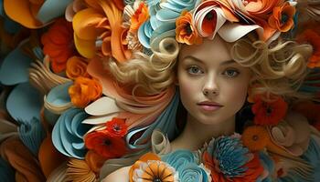 Beautiful woman with blond hair and a flower in her hair generated by AI photo