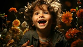 sonriente niño, alegre felicidad, linda caucásico Niños, naturaleza flor infancia generado por ai foto