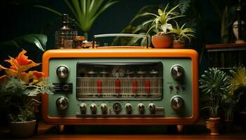 antiguo pasado de moda radio en un de madera mesa trae nostálgico elegancia adentro generado por ai foto