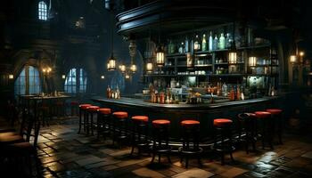 moderno bar con elegante decoración, iluminado por eléctrico lamparas a noche generado por ai foto