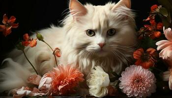 Cute animal pets, flower, domestic cat, kitten, young animal generated by AI photo