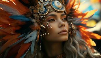 Beautiful woman in traditional clothing, adorned with feathers and gold generated by AI photo