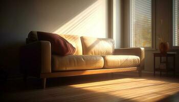 Modern apartment with elegant decor, comfortable sofa, and natural sunlight generated by AI photo