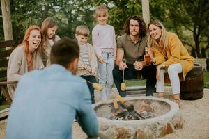 Friends having good time and baking corns in the house backyard photo