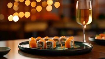 japonés cocina. Sushi conjunto en un lámina. generativo ai foto