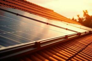 solar panel o fotovoltaica planta en el techo de un casa. generativo ai foto
