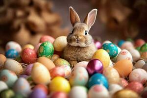 un Conejo sentado en un pila de de colores huevos. generativo ai foto