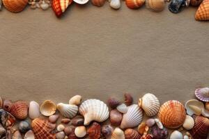 Shells on the sand. Space for text in the center. Generative AI photo