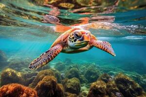 debajo agua mar tortuga. buceo escena de Tortuga submarino. generativo ai foto