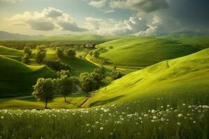 Meadows in rural landscape, beautiful nature scenery. Generative AI photo