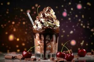 Chocolate milkshake with whipped cream and cherry. Generative AI photo