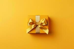 Bright yellow gift present box with ribbon on yellow background. Generative AI photo