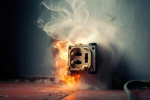Electrical short circuit. Failure caused by burning wire and rosettes socket plug in house. photo