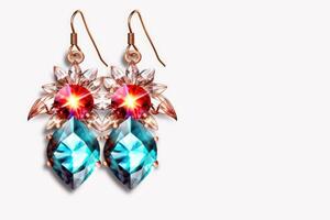 Drop earrings with colored crystals on white background. photo
