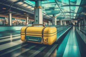 Baggage on conveyor belt. Generative AI photo