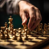 Shot of male hand moving chesspiece on chessboard. Generative AI photo