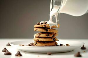 chocolate chip galletas con blanco Leche salpicaduras generativo ai foto