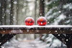 Festive Christmas composition of balls in forest framed by snow-covered fir trees. Generative AI photo