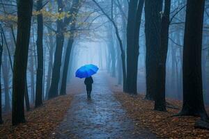 Woman under blue umbrella walks in the park on a foggy day. Generative AI photo