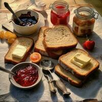 Ingredients for delicious toasts with jam. Generative AI photo