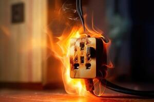 Electrical short circuit. Failure caused by burning wire and rosettes socket plug in house. photo