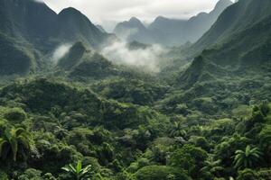 Tropical rainforest growth surrounds mountain. Generated AI photo