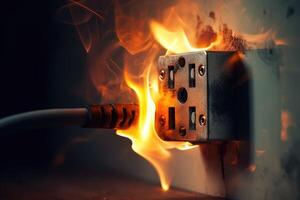 Electrical short circuit. Failure caused by burning wire and rosettes socket plug in house. photo