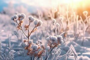 Winter background with flowers covered snow crystals glittering in sunlight. Generative AI photo