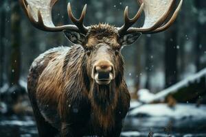 majestuoso alce en el nieve en el bosque. generativo ai foto