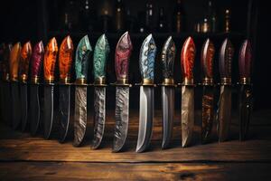 Retro knives on a wooden table. photo