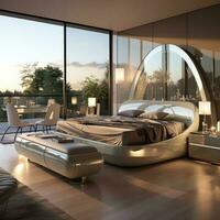 A stylish bedroom with a large bed. Generative AI photo