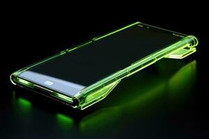 A sleek, modern smartphone, illuminated with green light. Generative AI photo