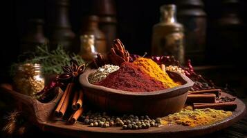 Spices and herbs banner background. Variety of spices. Generative AI photo