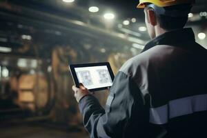 Industry worker is using tablet. Generative AI. photo