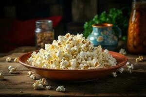 palomitas de maiz en un cuenco en el mesa. generativo ai foto