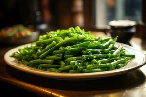 verde frijoles en el mesa. generativo ai foto