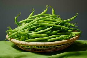Green beans in a basket. Generative AI photo