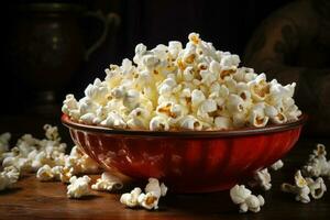 palomitas de maiz en un cuenco en el mesa. generativo ai foto