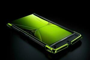 A sleek, modern smartphone, illuminated with green light. Generative AI photo