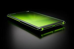 A sleek, modern smartphone, illuminated with green light. Generative AI photo