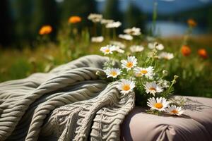 Picnic blanket and spring daisy flowers. Generative AI photo