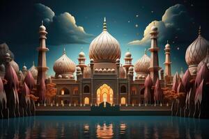 Eid al adha mubarak islamic festival celebration with mosque. Generative AI photo