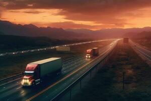 Trucks on the highway. Transportation theme. Road cars theme. Generative AI photo