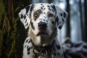Beautiful Dalmatian dog in a snowy forest. photo
